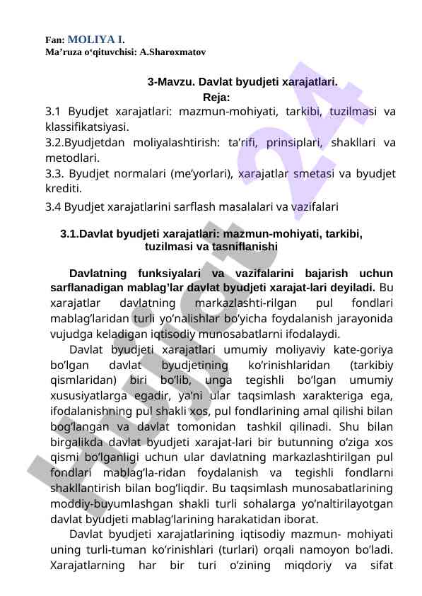 Davlat byudjeti xarajatlari haqida ma’ruza