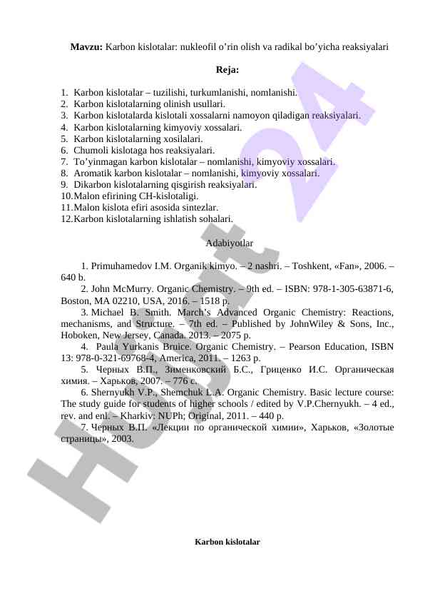 Karbon kislotalar: reaksiyalari va kimyoviy xossalari