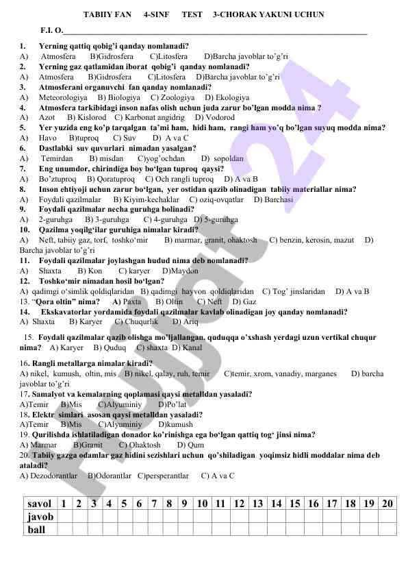 Tabiiy fan 4-sinf test 3-chorak yakuni
