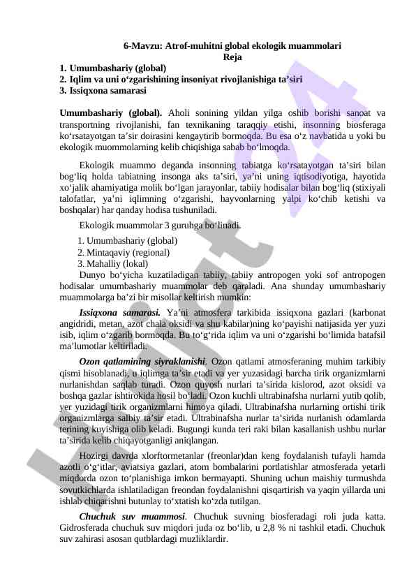 Global ekologik muammolari va ularning ta'siri