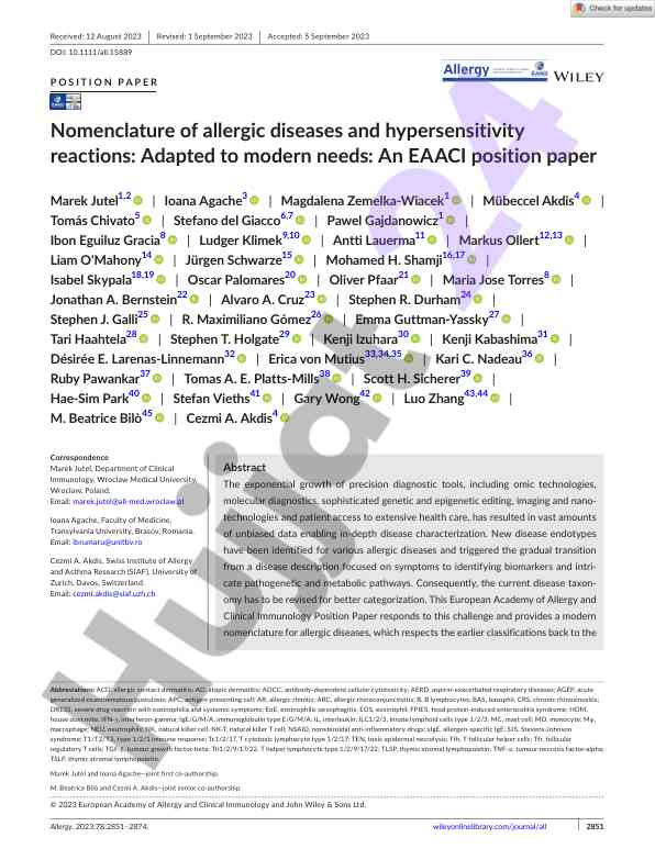 Position paper on nomenclature of allergic diseases