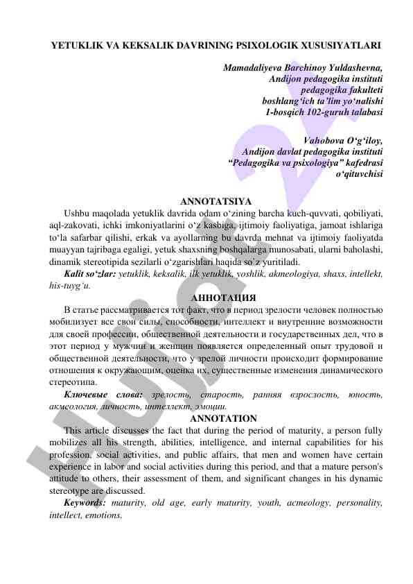 Yetuklik va keksalik davrining psixologik xususiyatlari
