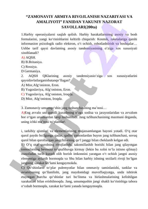 Zamonaviy armiya rivojlanish nazariyasi savollari