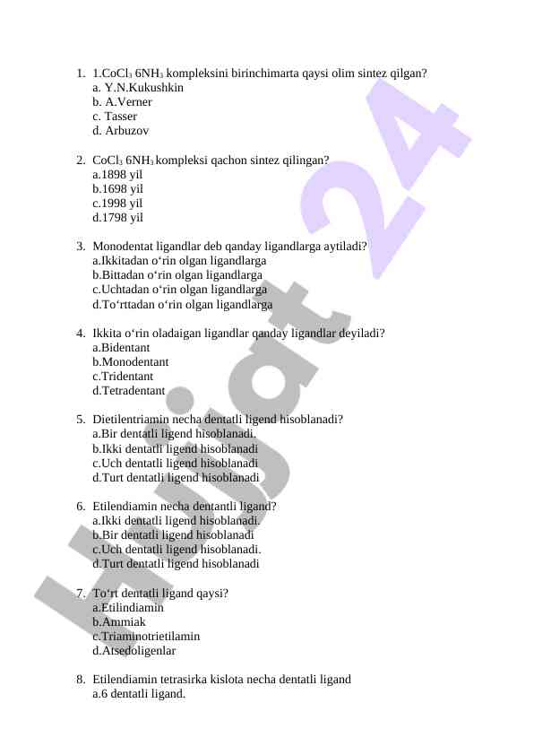 Koordinatsion birikmalar bo'yicha test savollari