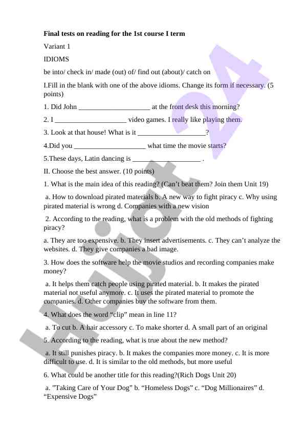 Final tests on reading for 1st course with idioms