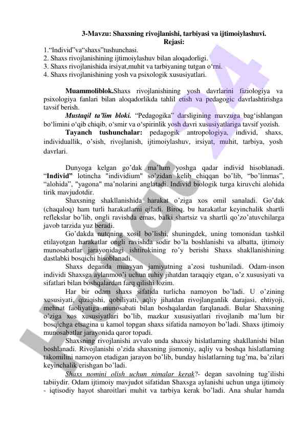 Shaxs rivojlanishi va ijtimoiylashuvi tahlili