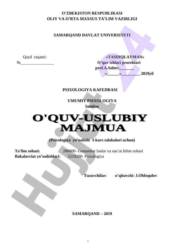 Umumiy psixologiya o‘quv-uslubiy majmuasi 2019