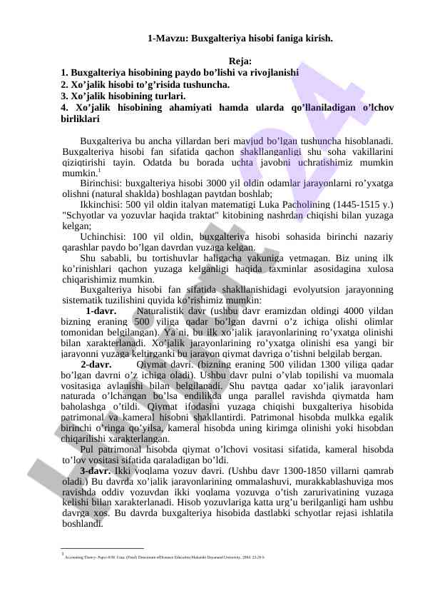 Buxgalteriya hisobi faniga kirish tushunchalari