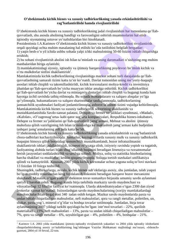 Kichik biznes va tadbirkorlik rivojlanishi o'zbekistonda