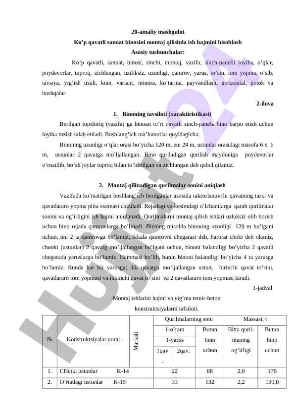 Ko’p qavatli sanoat binolarini montaj qilish