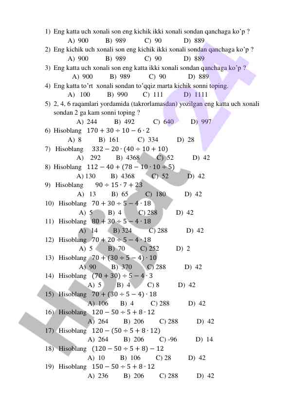 Matematik test savollari yig‘indisi