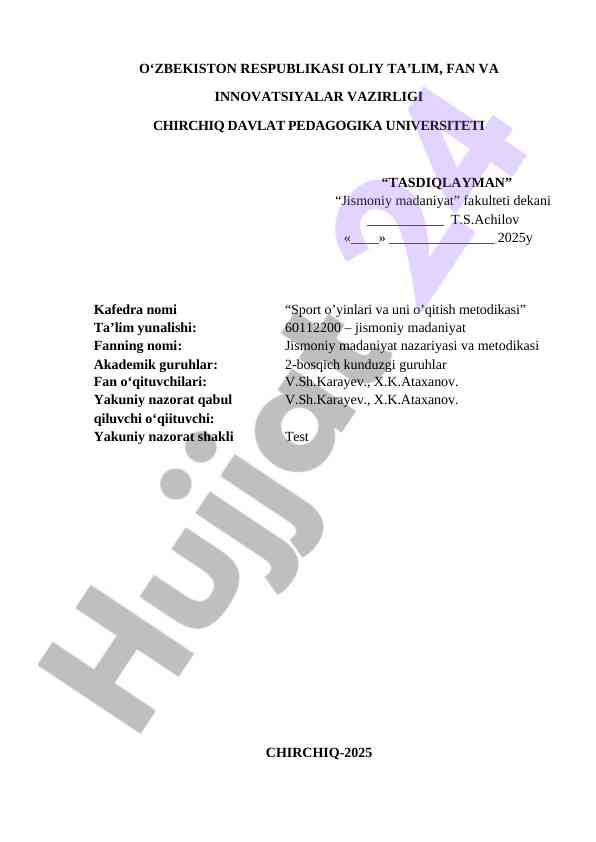 Jismoniy tarbiya nazariyasi va metodikasi testlari