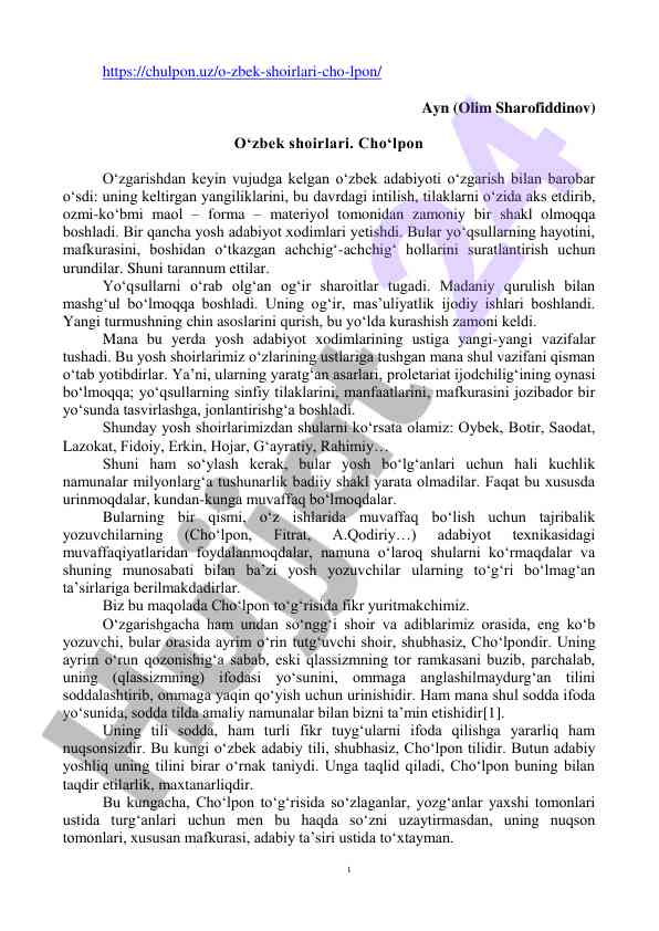 O'zbek shoirlarining cho'lpon asaridagi yangiliklar