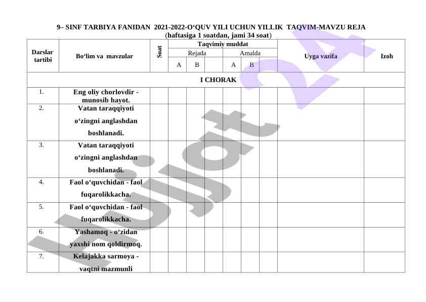 2021-2022 o‘quv yili tarbiya fanidan yillik reja
