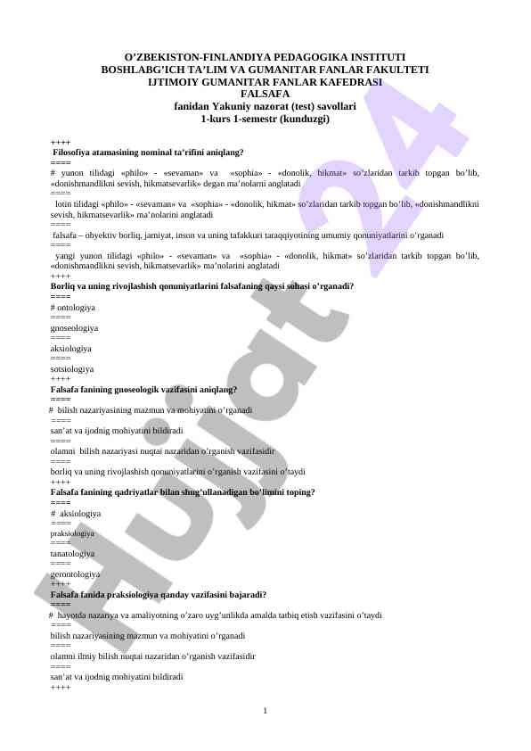 Falsafa fanidan yakuniy nazorat savollari