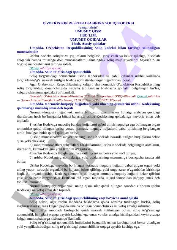 O‘zbekiston soliq kodeksining umumiy qismi tahlili