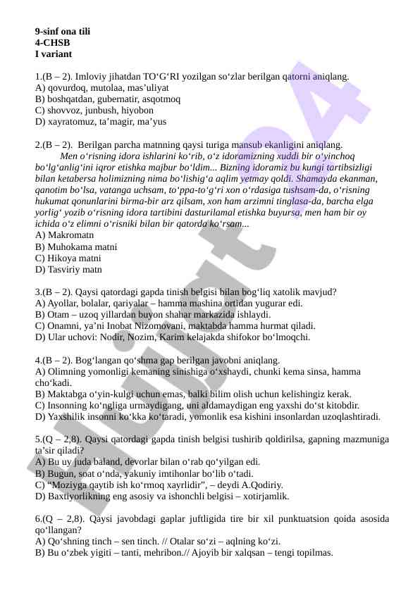 9-sinf ona tili testi 4-chsb i variant 1
