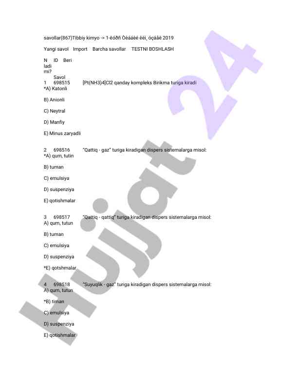 Tibbiy kimyo test savollari 2019