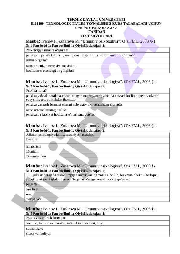 Umumiy Psixologiya Fanidan Test Savollari