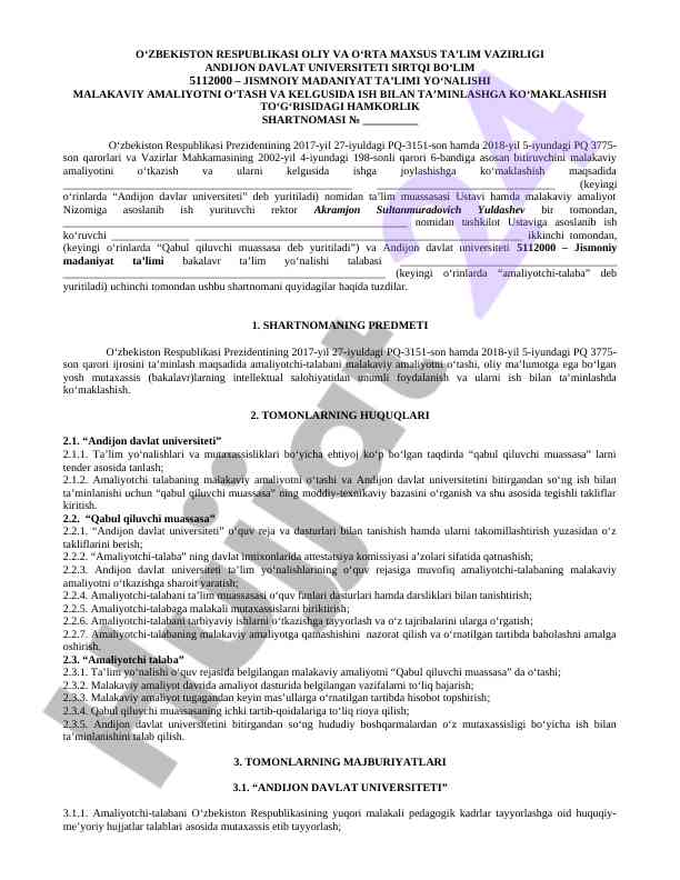 Hamkorlik shartnomasi o‘quv jarayonida ish bilan ta'minlash