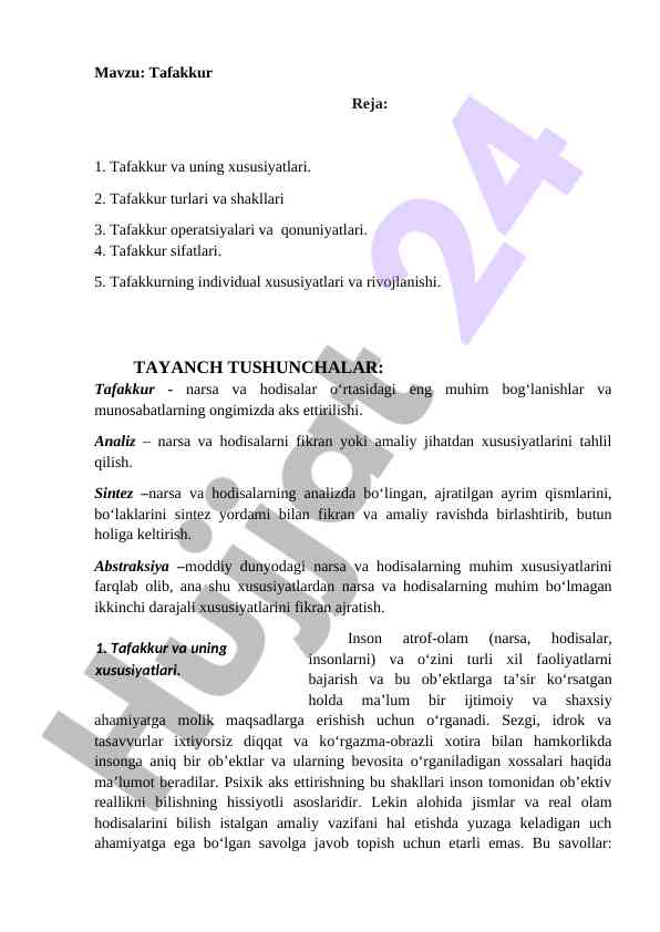 Tafakkur reja tafakkur turlari va xususiyatlari