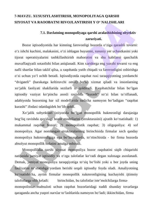 Monopoliyaga qarshi siyosat va raqobatni rivojlantirish