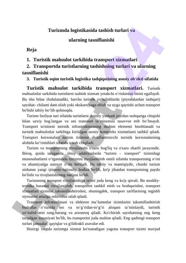 Turizmda logistikasida tashish turlari va tasniflanishi