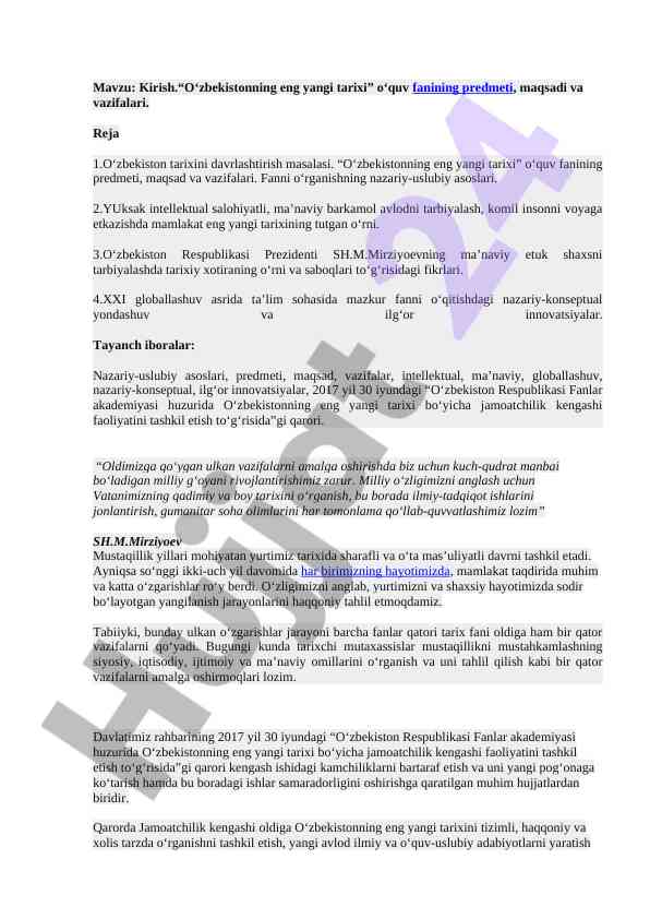 O‘zbekistonning eng yangi tarixi fanining maqsadlari