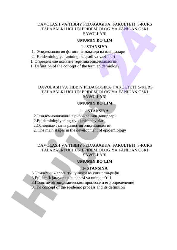 Epidemiologiya fani savollari umumiy bo`limi