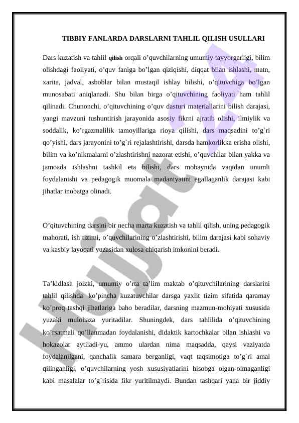 Tibbiy fanlarda darslarni tahlil qilish usullari