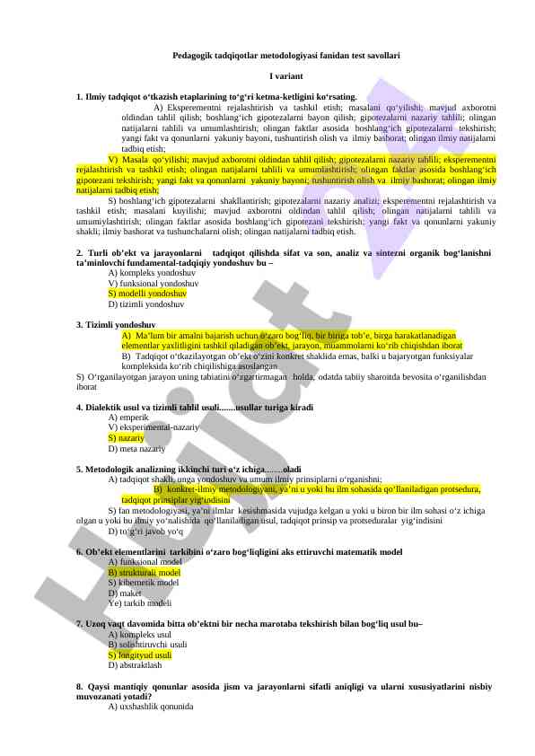 Pedagogik tadqiqotlar metodologiyasi test savollari
