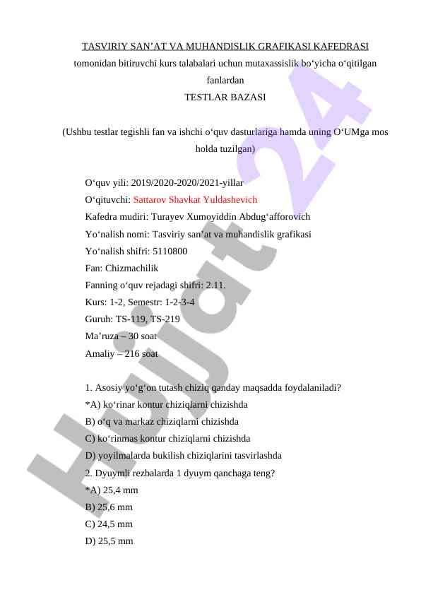 Testlar bazasi tasviriy san'at va muhandislik grafikasi