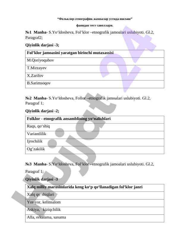 Folklor-etnografik jamoalar ustida test savollari