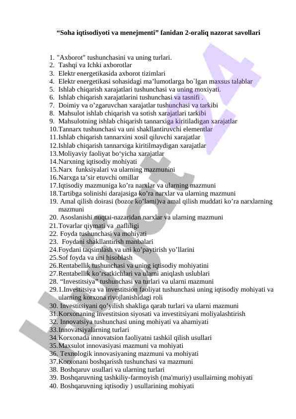 Soha Iqtisodiyoti Va Menejmenti Nazorat Savollari