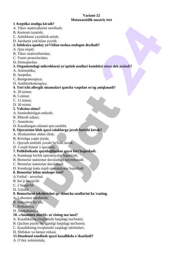 Aseptika usullari va infeksiya yo'llari testi