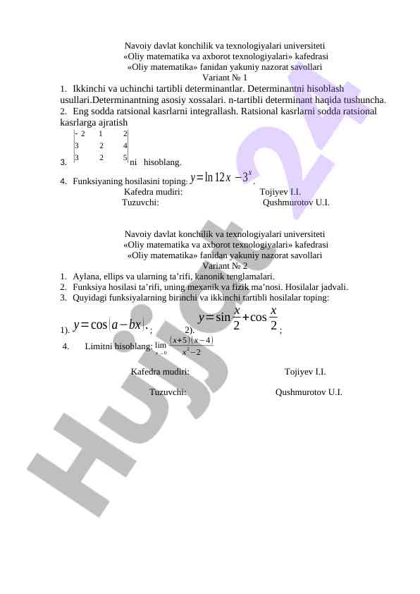 Oliy matematika nazorat savollari variant 1 va 2