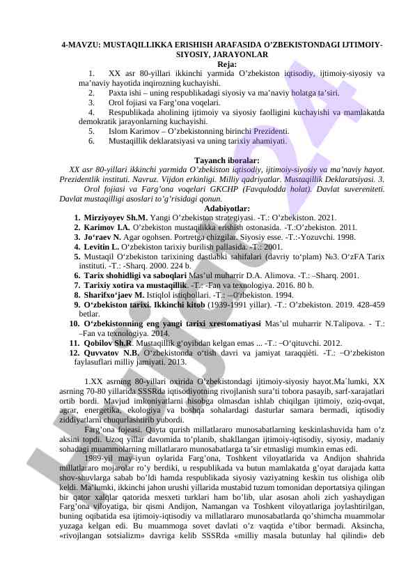 O‘zbekiston ijtimoiy-siyosiy jarayonlari va mustaqillik