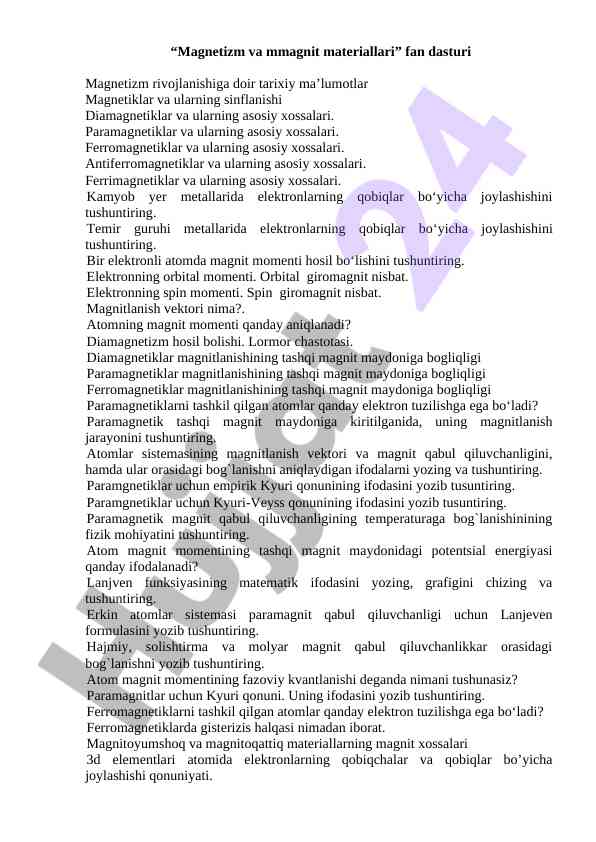 Magnetizm va magnit materiallari fan dasturi