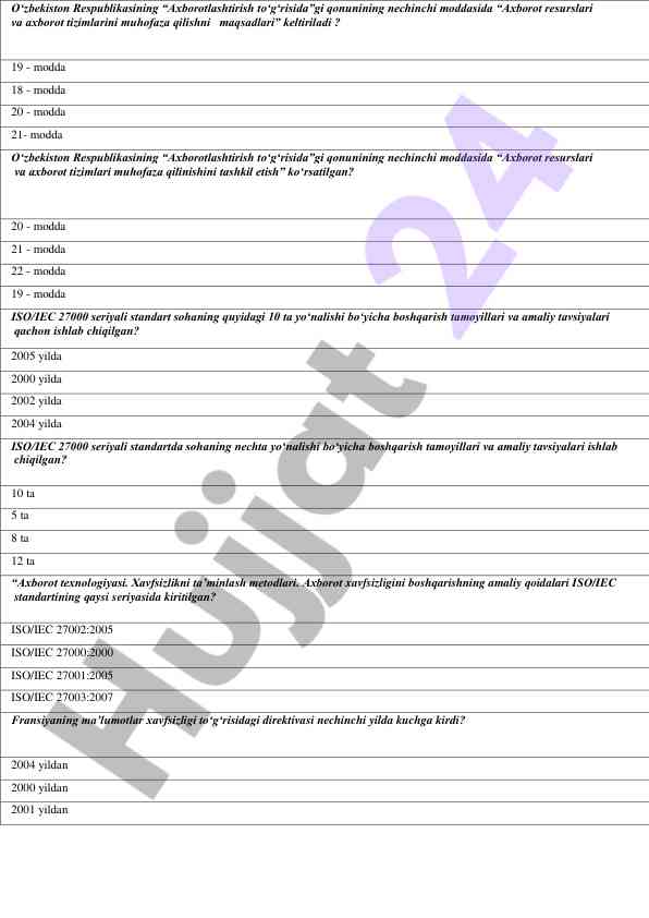 Axborot xavfsizligi va iso/iec standartlari bo‘yicha test