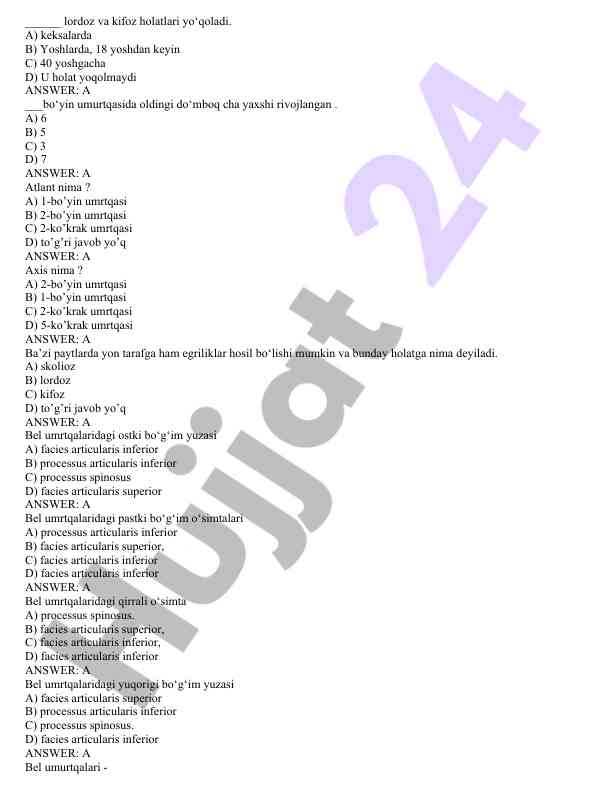 Bo‘yin umurtqasi va egriliklar haqida test