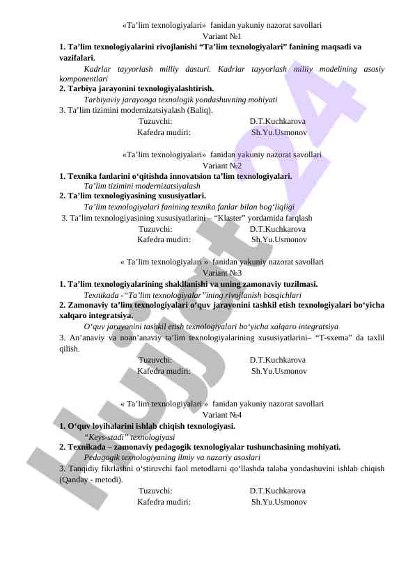 Yakuniy nazorat savollari ta’lim texnologiyalari