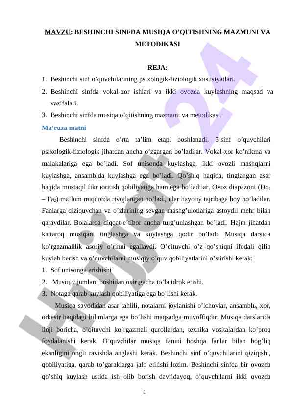 Beshinchi sinfda musiqa o‘qitish metodikasi