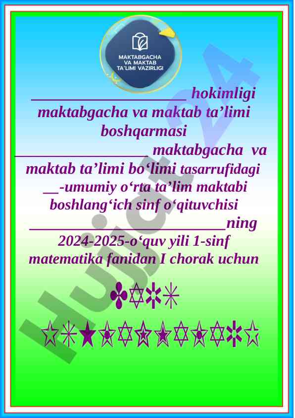 Matematika fanidan 1-sinf i chorak mavzu rejasi