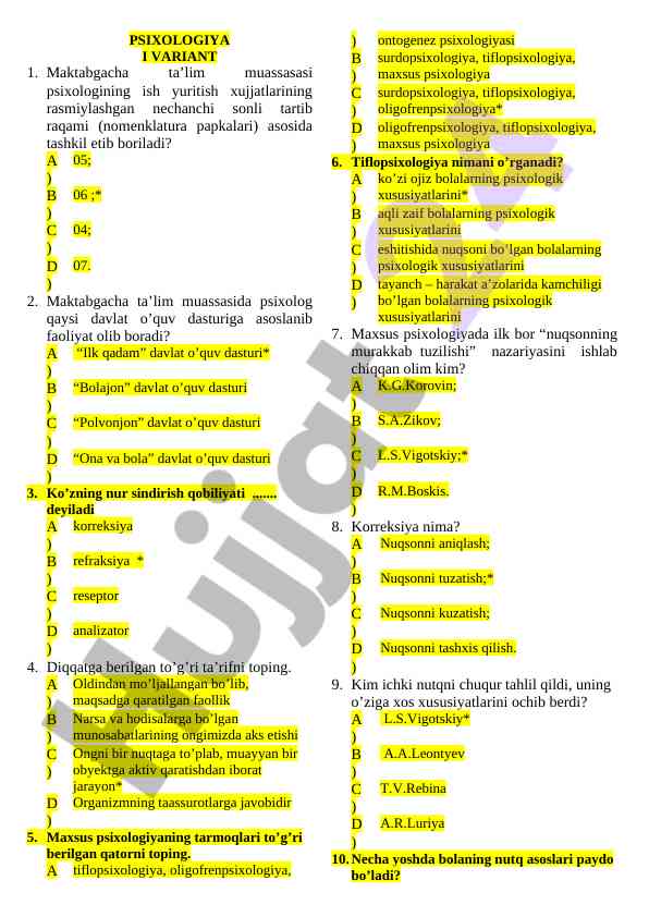 Psixologiya maktabgacha ta'lim test savollari