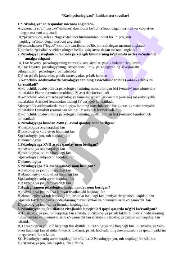 Psixologiya fanidan test savollari