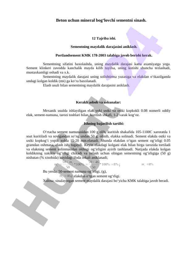 Sementning maydalik darajasini o‘rganish tajribasi