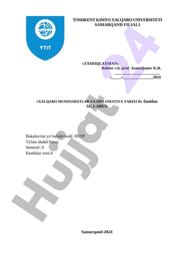 Xalqaro munosabatlar va diplomatiya tarixi syllabus