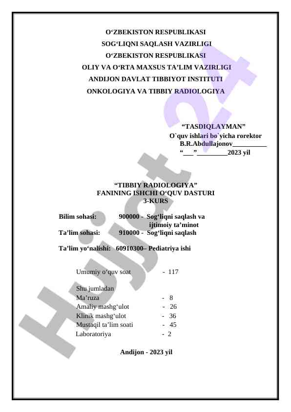 Tibbiy radiologiya fanining ishchi o‘quv dasturi
