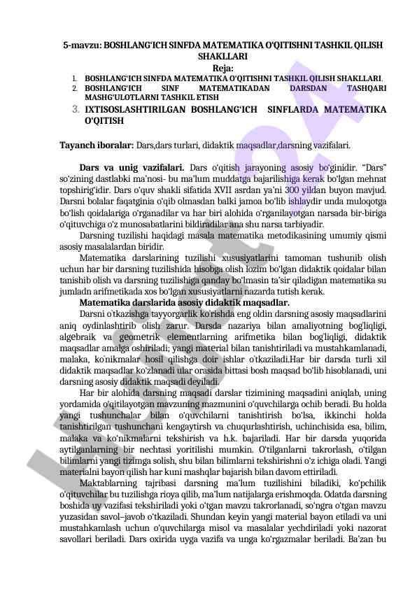 Boshlang‘ich sinfda matematika o‘qitish tashkil qilishi