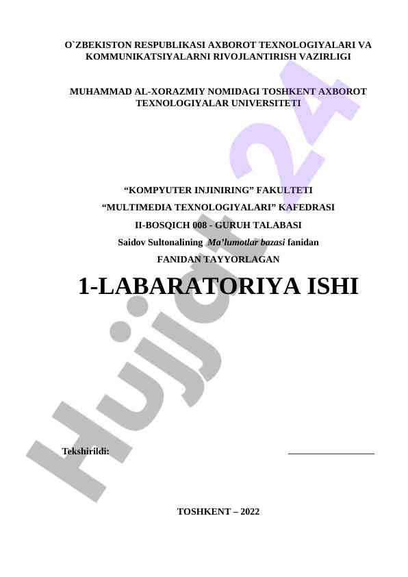 Mohiyat-aloqa modeli ishlab chiqish laboratoriya ishlari